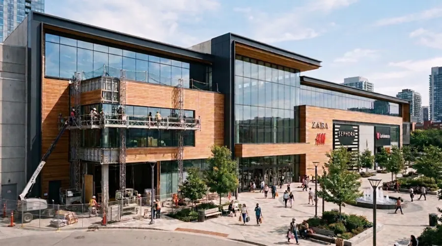 Renovated retail plaza with active storefronts