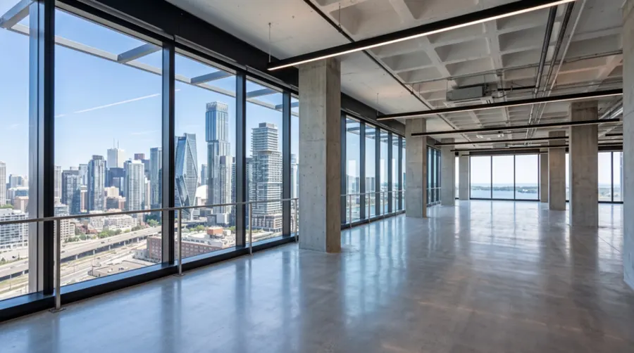 Empty shell-ready commercial interior with skyline view